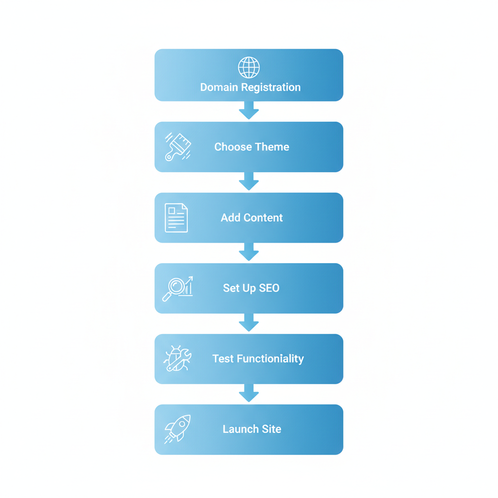 Vertical process flow diagram illustrating six steps to create a catering website, from domain registration to launch.