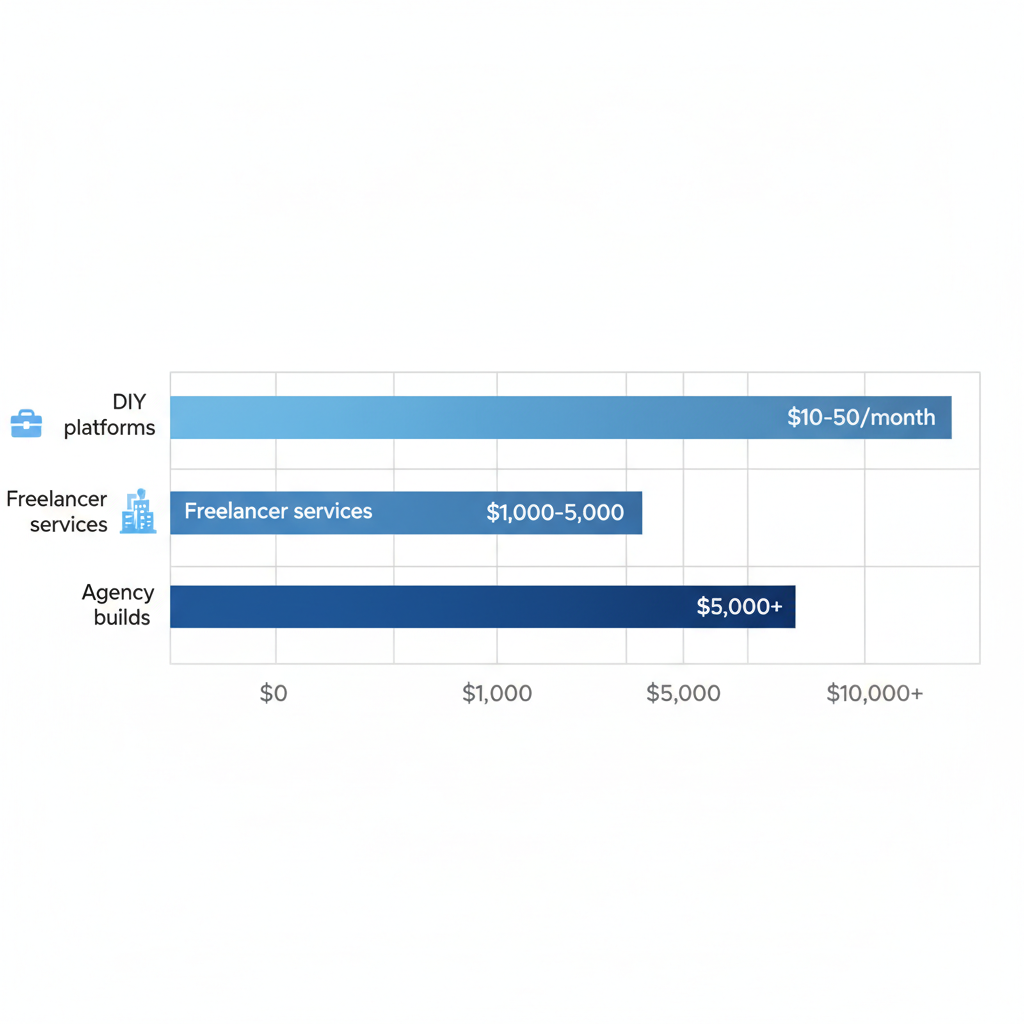 Horizontal bar chart showing cost ranges for catering website design options including DIY, freelancer, and agency categories