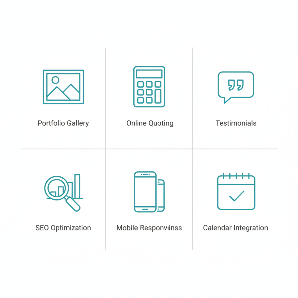 Grid of six outline icons in teal for key catering website features: photo frame for portfolio, calculator for quoting, quote for testimonials, search for SEO, phone for mobile, calendar for integration.