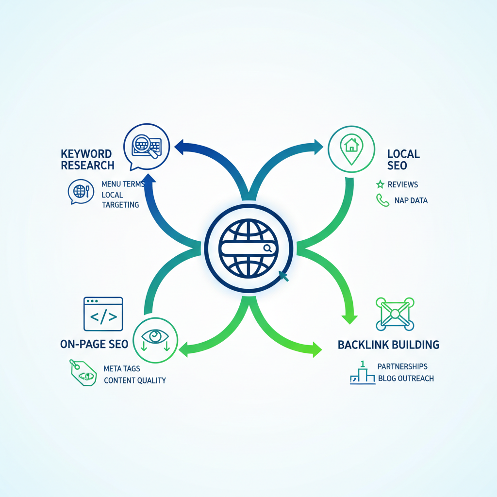 Infographic depicting SEO strategies for catering businesses with central search icon branching to keyword research, on-page optimization, local SEO, and backlink building elements.