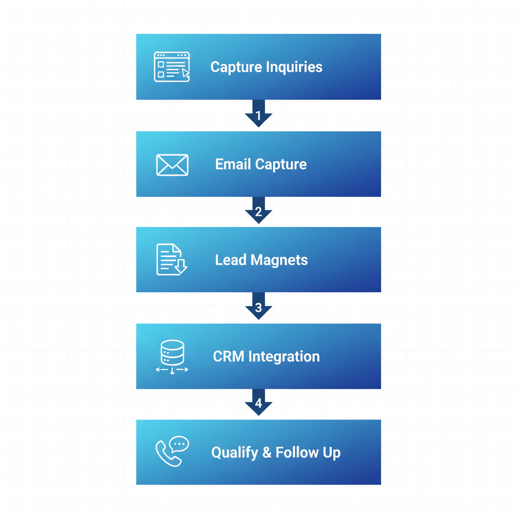 Vertical process flow illustrating five steps for lead generation in catering: Capture Inquiries, Email Capture, Lead Magnets, CRM Integration, and Qualify & Follow Up