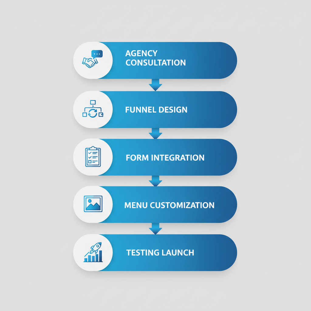 Vertical process flow diagram illustrating five stages of building lead funnels for catering: consultation, design, integration, customization, and launch.