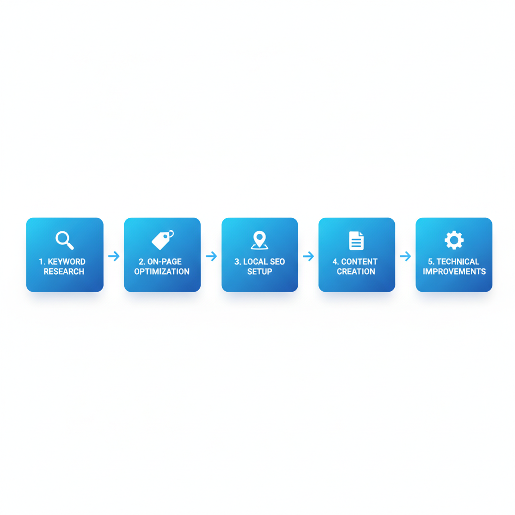 Horizontal process flow diagram showing five steps to optimize a catering website for SEO, with icons and labels.