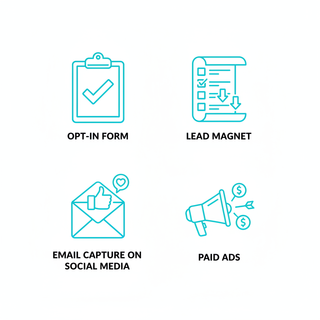 Grid of icons showing lead generation tactics: opt-in form, lead magnet, email capture, and paid ads for catering.