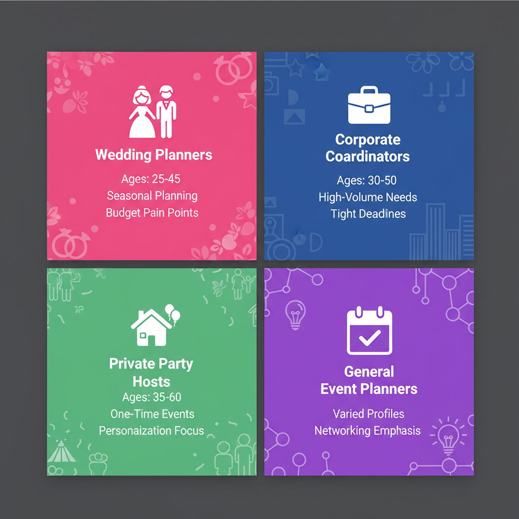 Infographic dividing canvas into four quadrants representing key catering audience personas: wedding planners, corporate event coordinators, private party hosts, and general event planners with icons and brief descriptions.