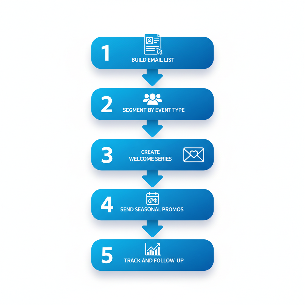 Vertical process flow diagram showing five steps for launching email nurture campaigns in catering: build list, segment, welcome series, promotions, track and follow-up.