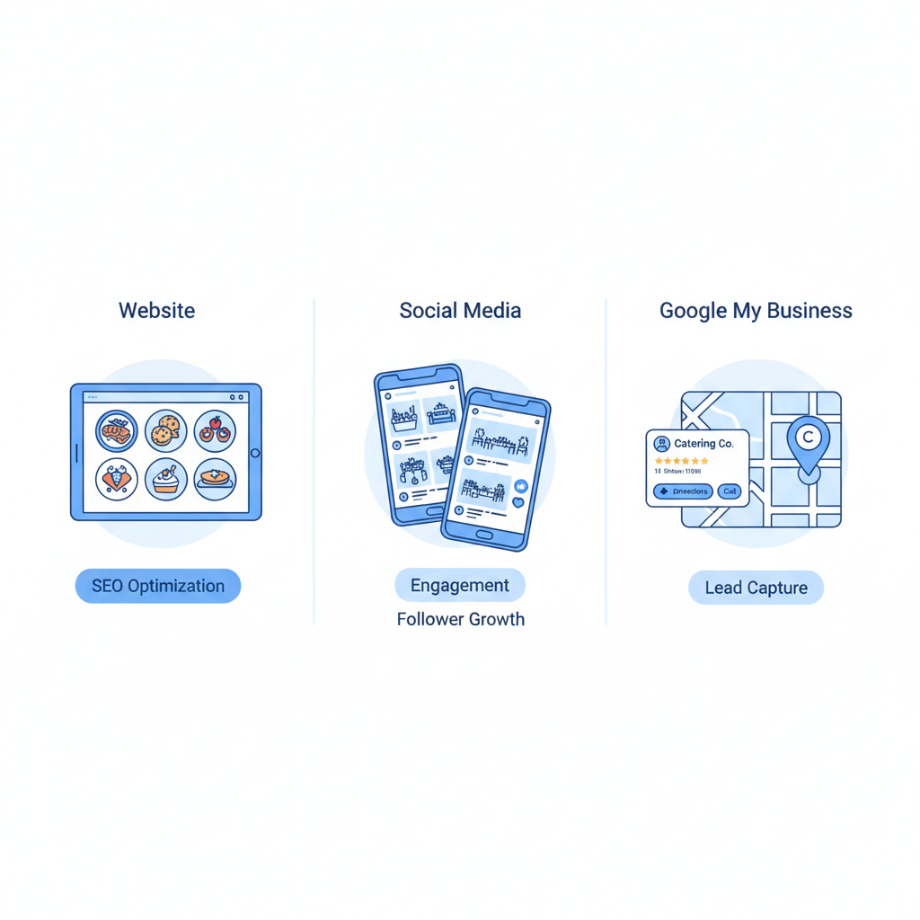 Infographic showing website, social media, and Google My Business as essential online presence components for catering businesses