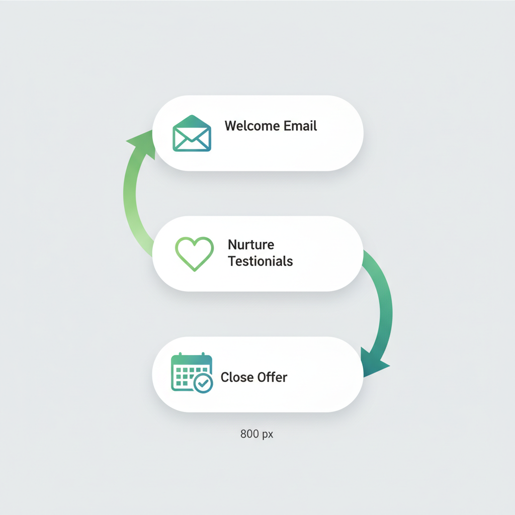 Vertical process flow illustrating 3-step email nurturing for catering leads: welcome, testimonials nurture, and discount close.