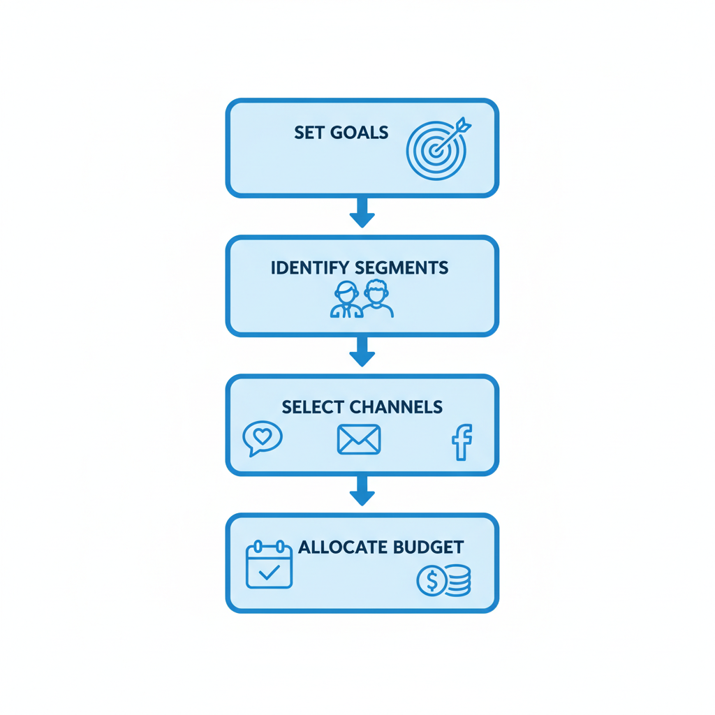Vertical process flow diagram illustrating four steps to develop a comprehensive marketing plan for caterers: setting goals, identifying segments, selecting channels, and allocating budget.