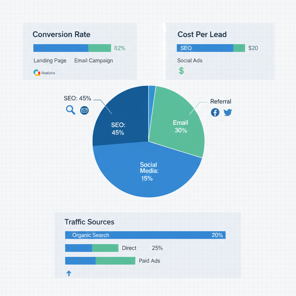 Infographic dashboard showing pie chart for ROI distribution, bar graphs for conversion rates, cost per lead, and traffic sources in catering marketing, with analytics icons.