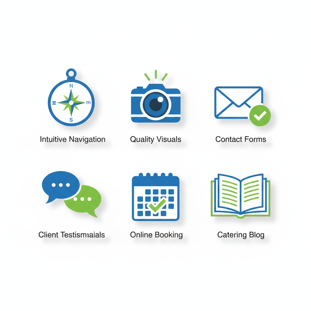 Grid of six flat icons illustrating key website features for catering businesses, including navigation, visuals, forms, testimonials, booking, and blog.