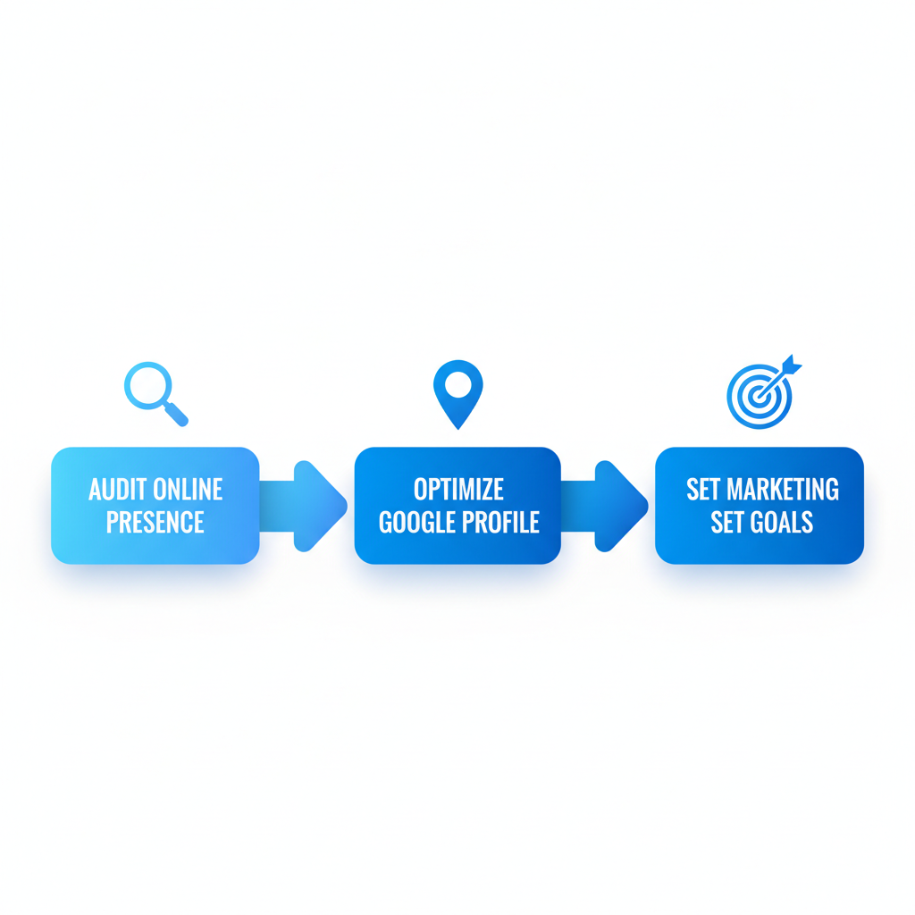 Horizontal process flow diagram illustrating three preparation steps for digital marketing in catering: audit online presence, optimize Google profile, and set marketing goals with icons.