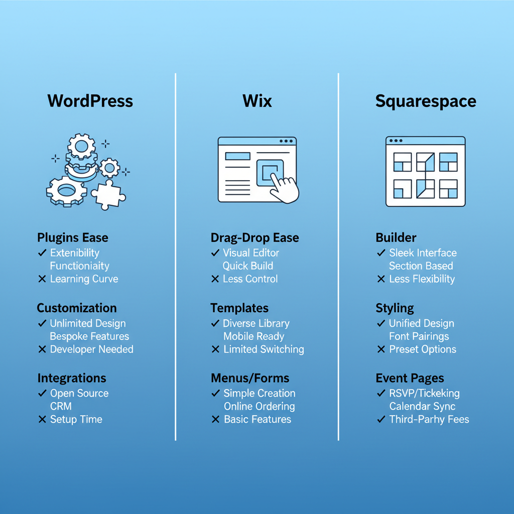 Infographic comparing WordPress, Wix, and Squarespace platforms for catering business websites focusing on ease, customization, and integrations