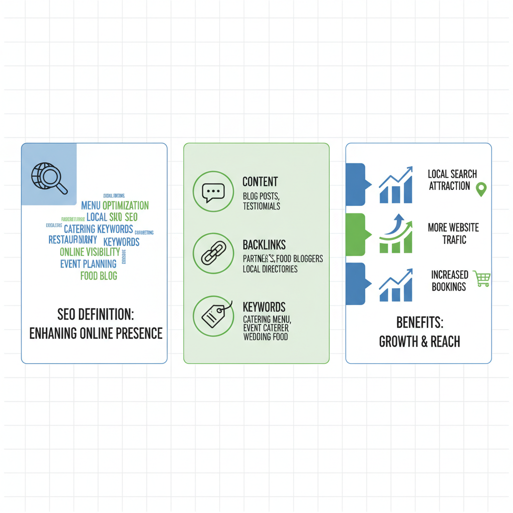 Infographic showing SEO fundamentals for caterers: definition, core elements, and benefits with catering examples.