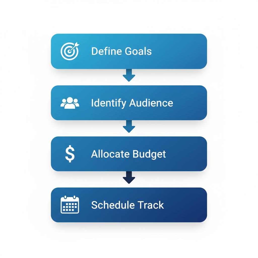 Vertical process flow diagram of four steps to build a marketing plan for caterers with icons and blue design elements