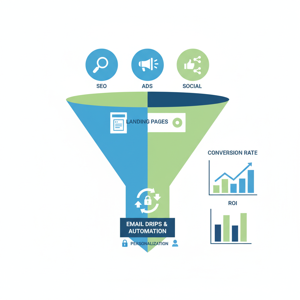 Infographic depicting sales funnel optimization stages including traffic sources, landing pages, email automation, and key performance metrics for catering marketing.