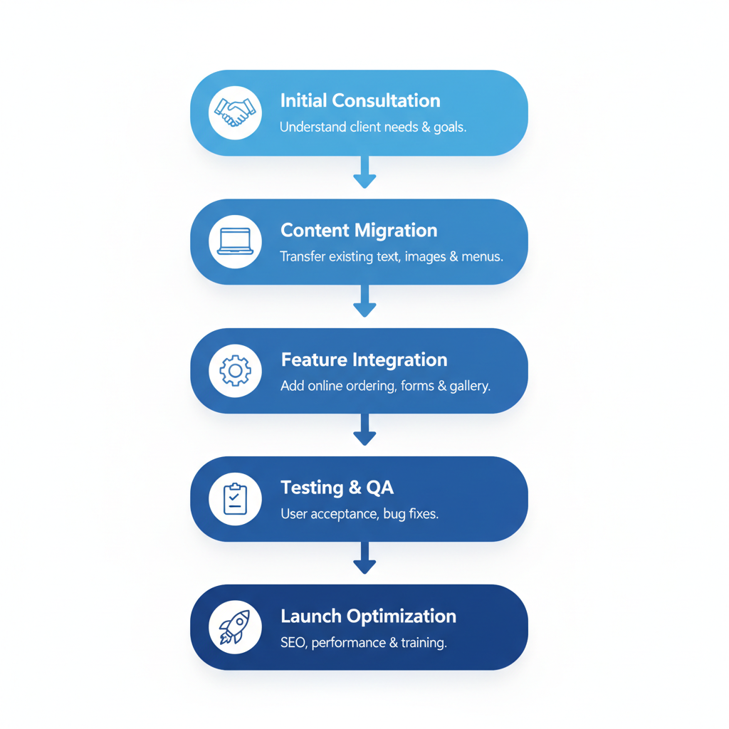 Vertical process flow diagram with five stages for building a catering website, featuring icons and brief descriptions.
