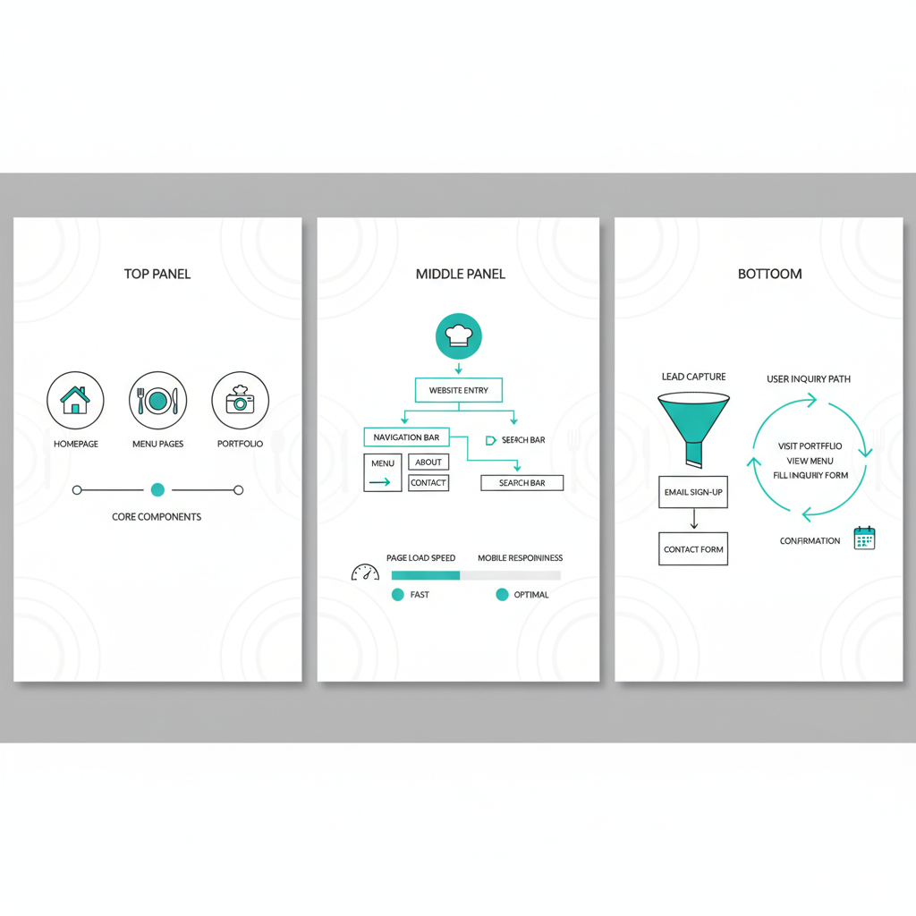 Infographic showing three panels on catering website foundations: core components, user experience, and business goals with icons and diagrams.