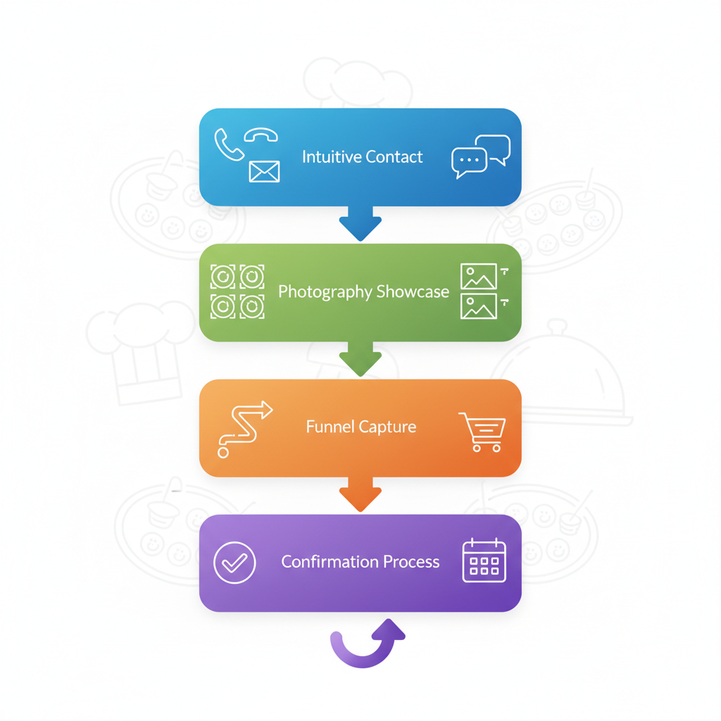 Vertical process flow diagram showing four stages of booking conversion on catering websites: contact system, photography showcase, lead capture, and confirmation.