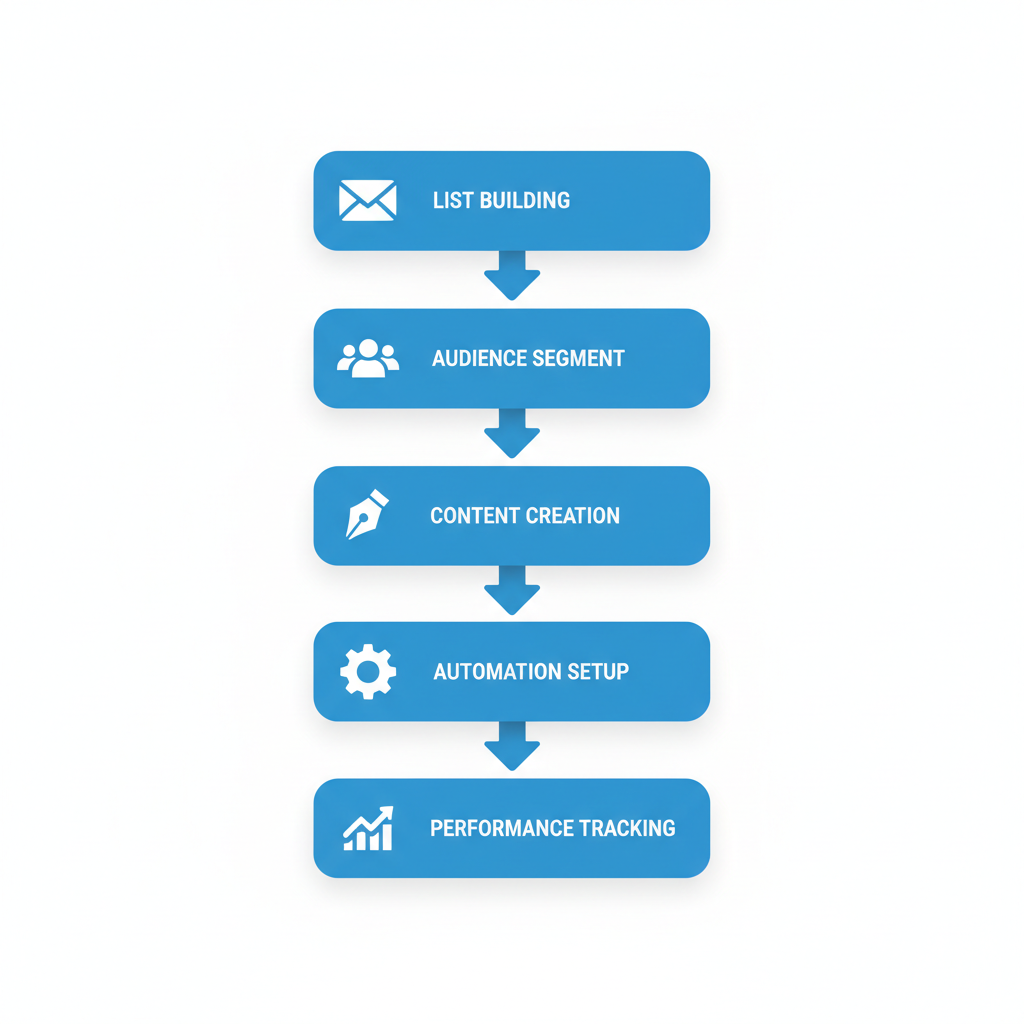 Vertical process flow illustrating email marketing steps for catering: list building via sign-ups, audience segmentation, content creation with newsletters, automation for follow-ups, and tracking conversions.