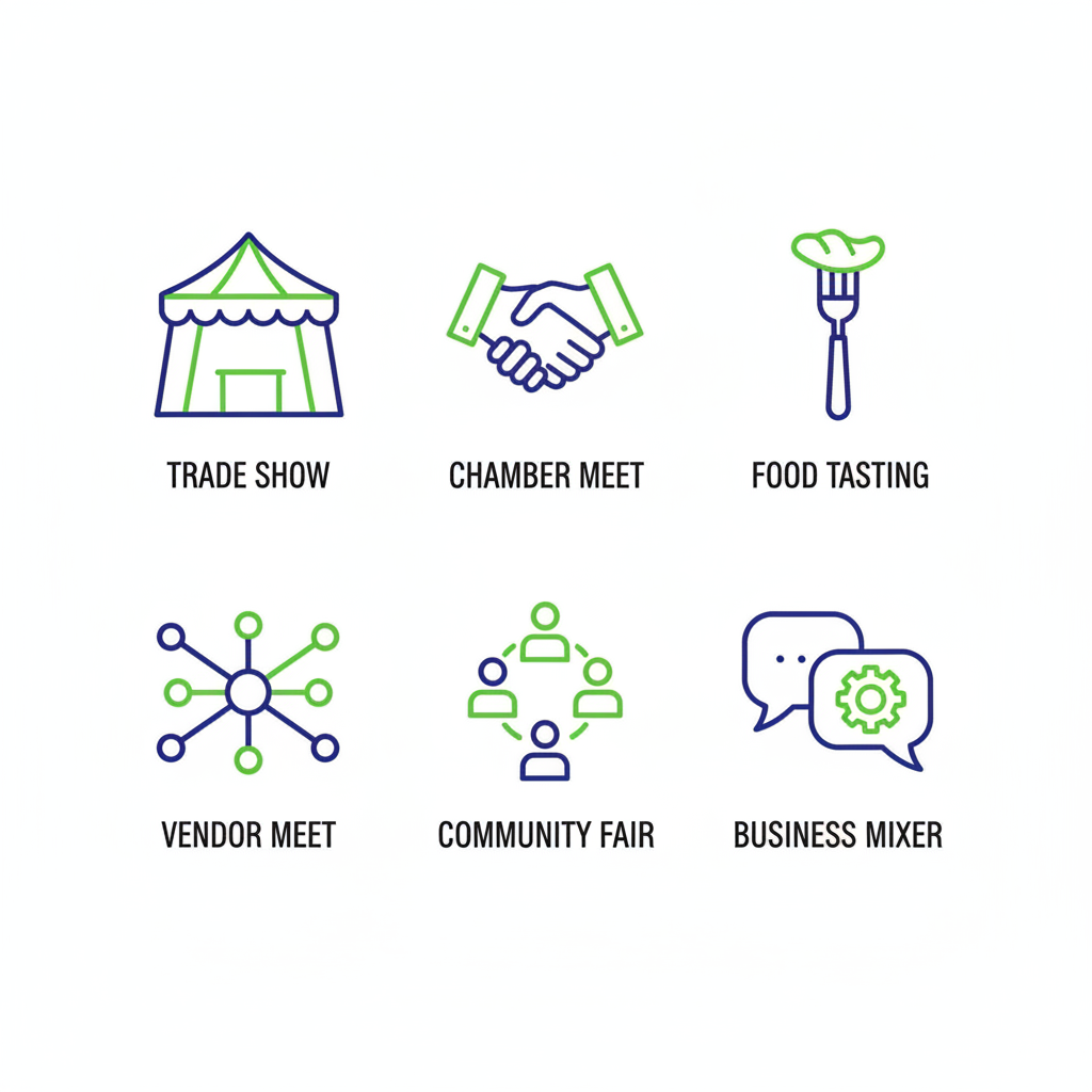 Grid of six outline icons depicting local networking events for catering: trade show booth, chamber meeting, food tasting, vendor meetup, community fair, and business mixer.