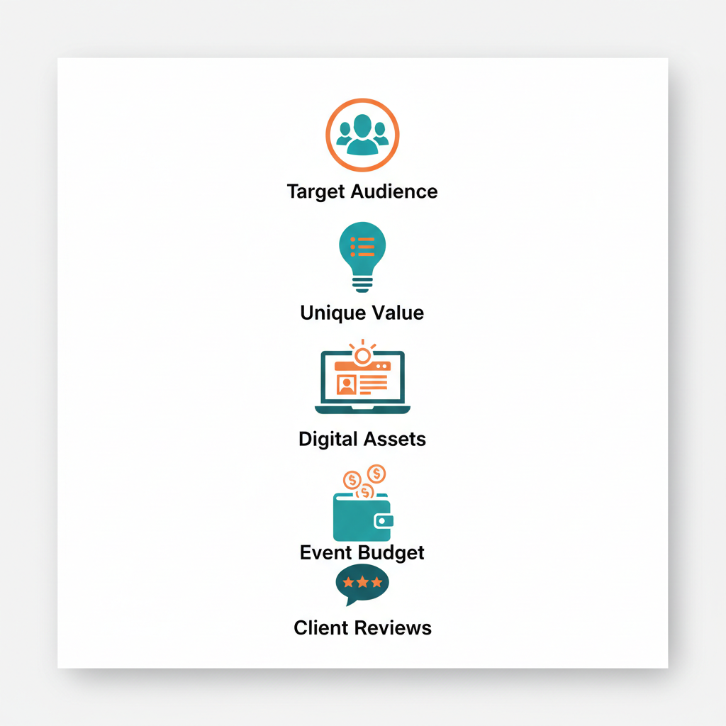 Vertical grid of five flat icons illustrating key preparations for catering advertising: target audience, value proposition, digital assets, budgeting, and testimonials.