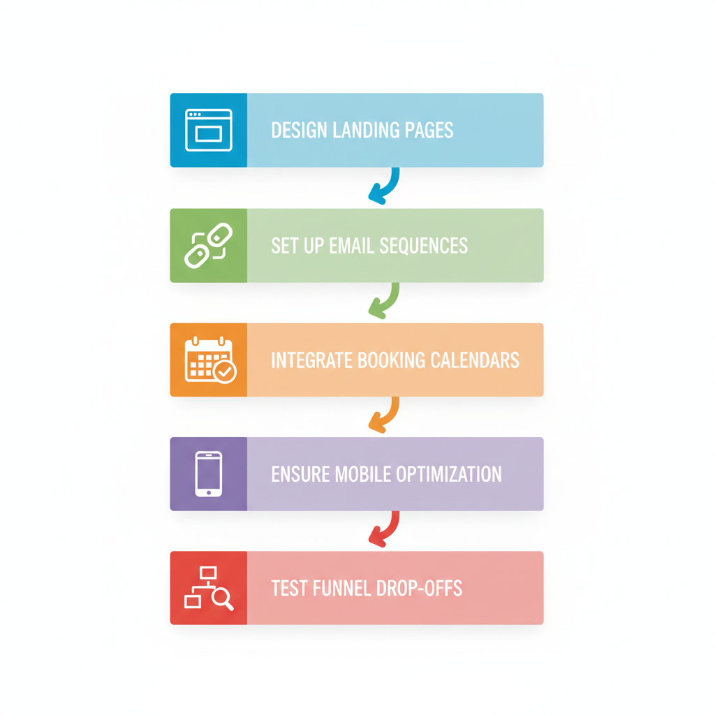 Vertical process flow diagram illustrating five stages of building a lead funnel for catering advertising, with icons and brief labels.