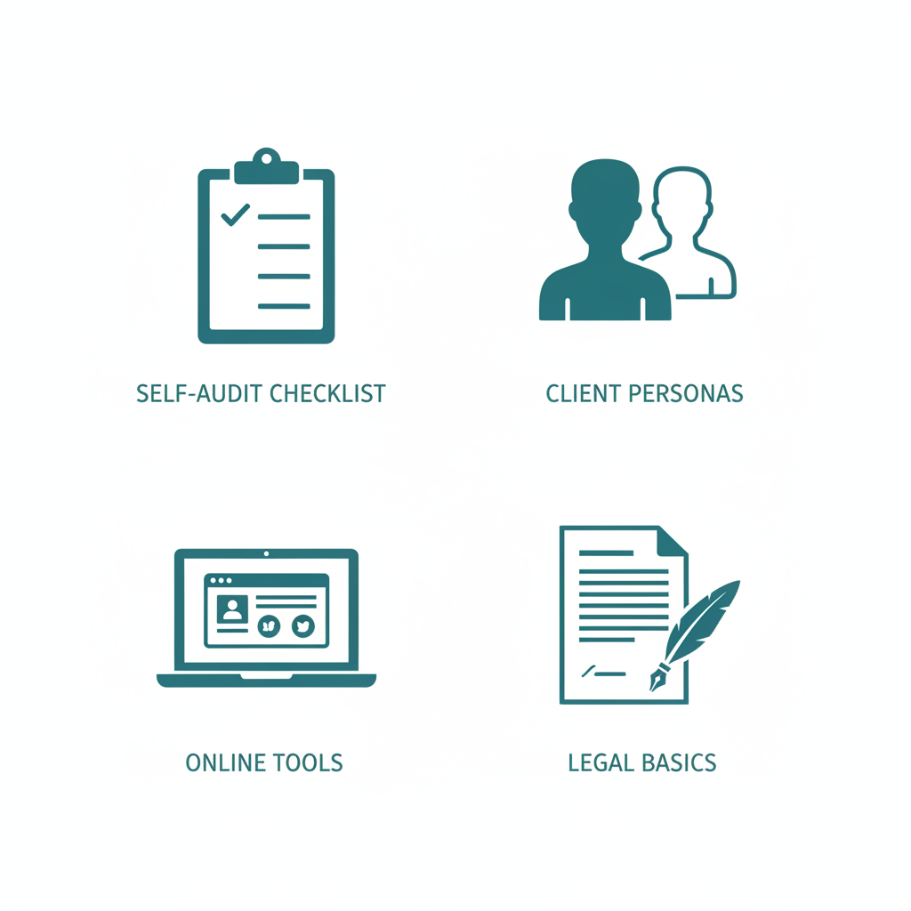 Grid of four icons representing essential preparations for a catering business: self-audit checklist, client personas, online tools, and legal basics.
