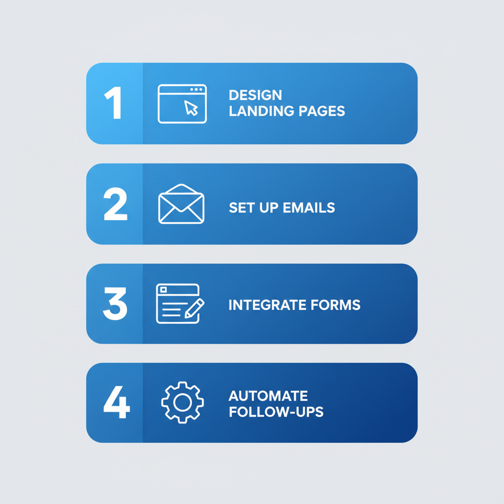 Vertical process flow diagram of four stages for implementing a lead funnel system in catering, featuring icons for design, email, forms, and automation.