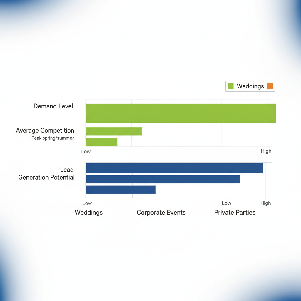 Horizontal bar chart comparing demand, competition, and lead potential for local catering segments: weddings, corporate events, private parties.