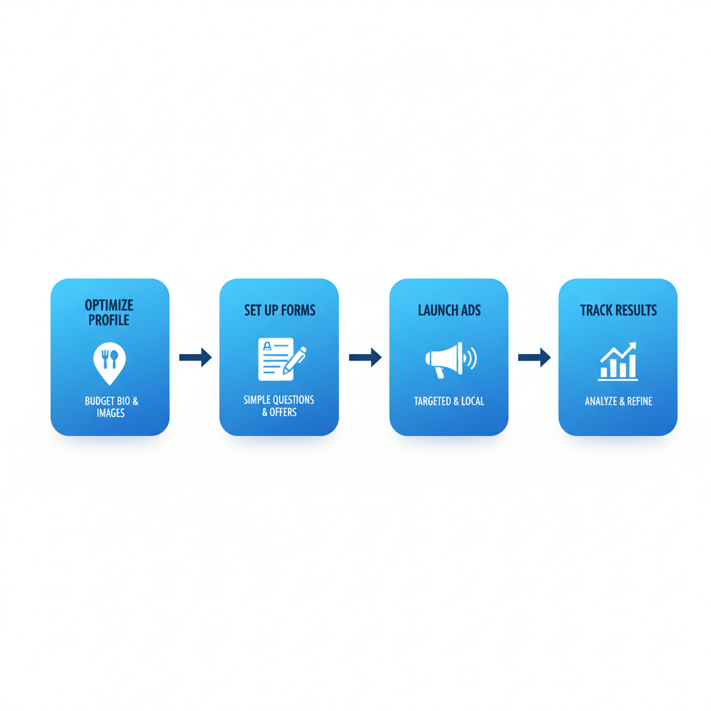 Process flow diagram showing four key steps for starting lead generation in catering: optimize Google Business Profile, set up inquiry forms, launch Facebook ads, and track results, with icons and arrows.