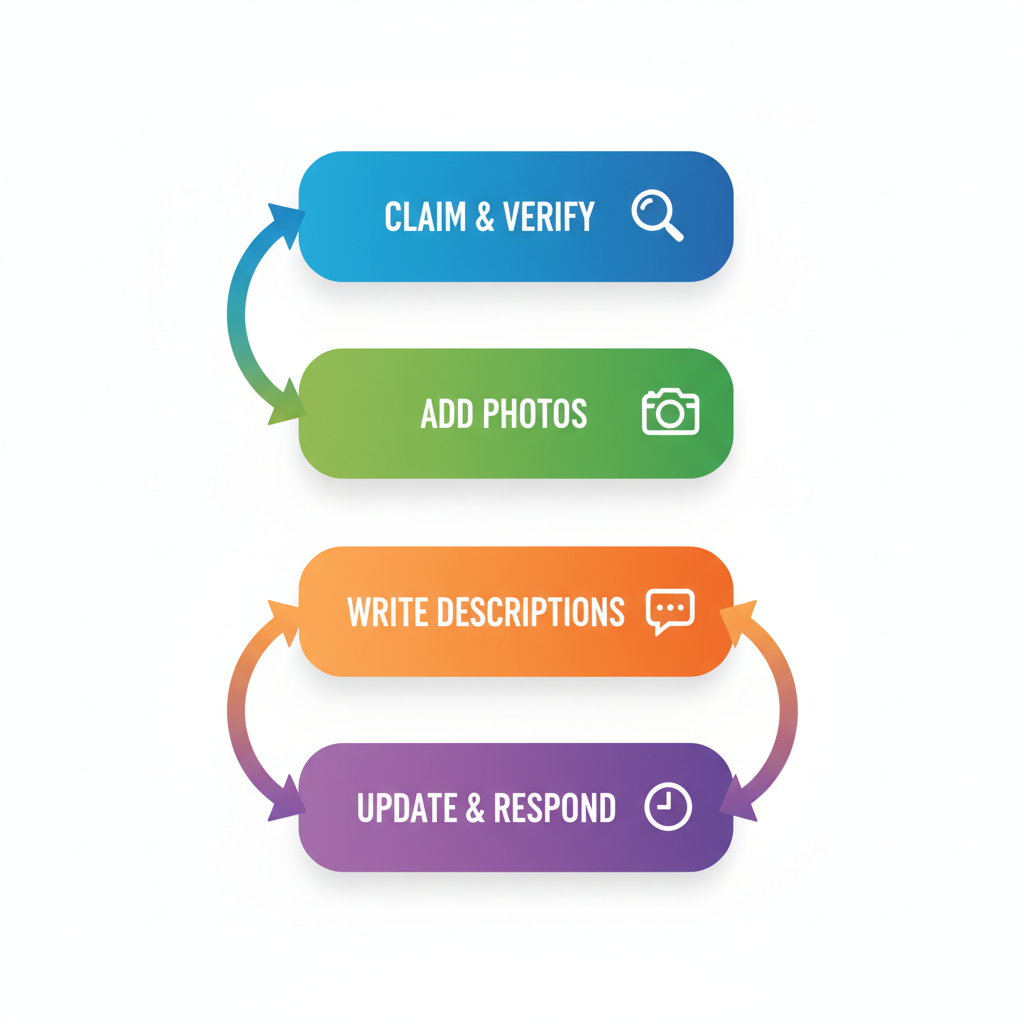 Vertical process flow diagram illustrating four key steps to optimize Google Business Profile for catering leads