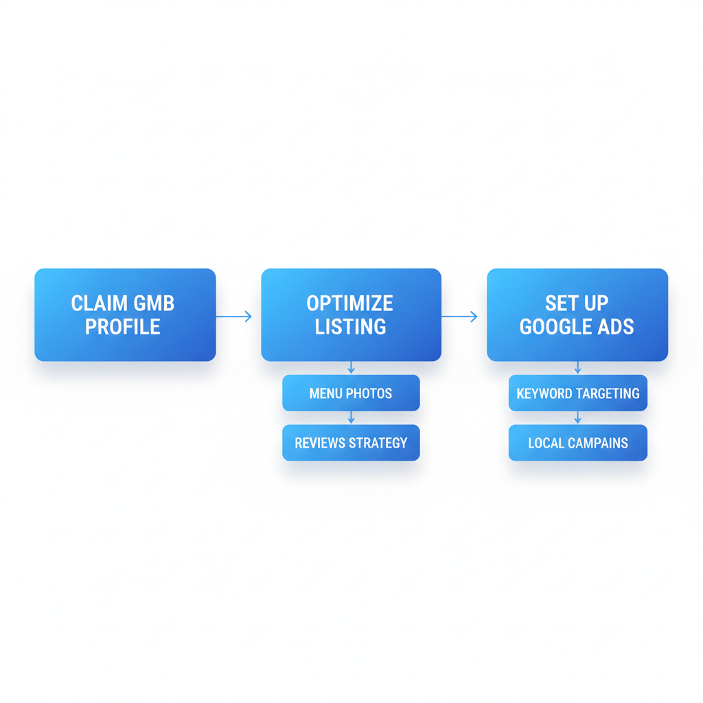 Horizontal process flow diagram showing three steps: claiming Google My Business profile, optimizing listing with photos and keywords, and setting up geo-targeted Google Ads for catering visibility.