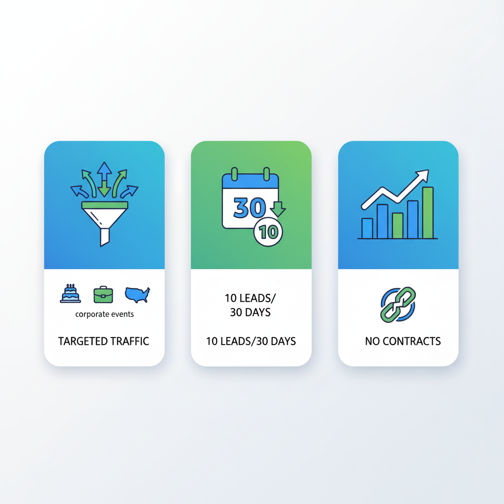 Infographic showing benefits of lead generation partnerships for catering businesses with icons for traffic, guarantees, and growth metrics