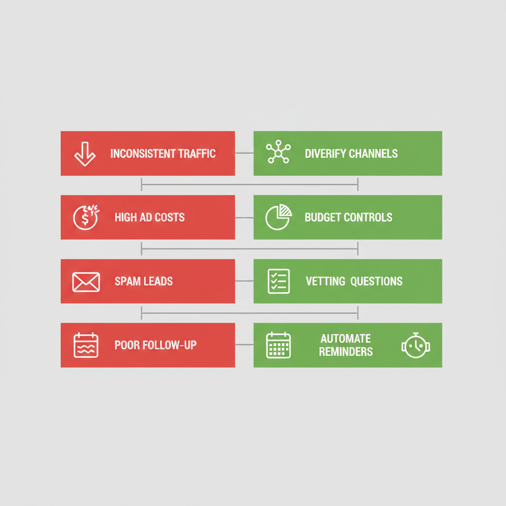 Infographic depicting five common challenges in catering lead generation paired with targeted solutions, using icons and color coding.