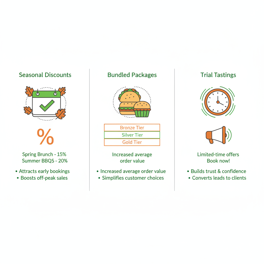 Infographic showing three catering promotion strategies: seasonal discounts, bundled packages, and trial tastings with icons and brief tips.