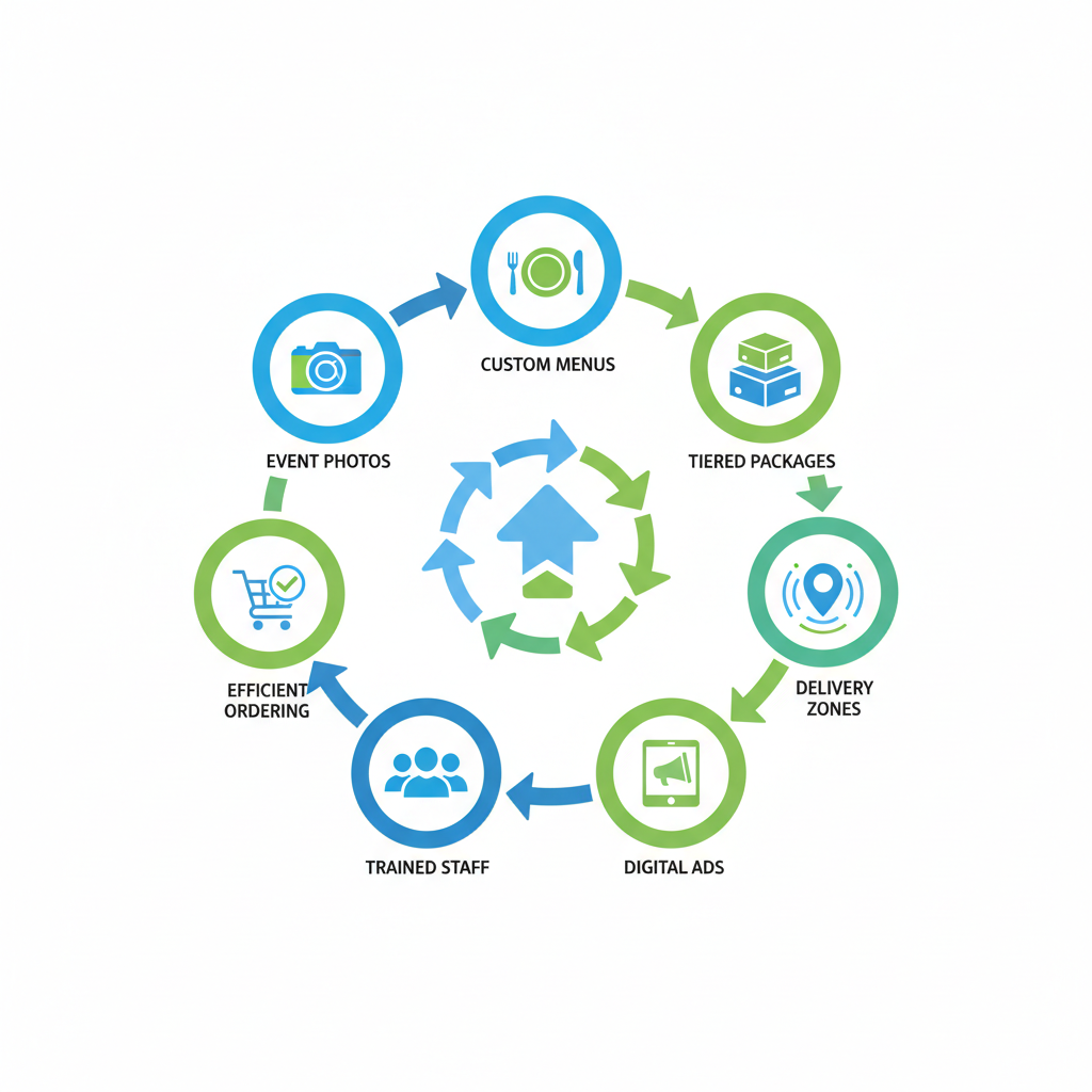 Infographic showing the 7 P's of marketing adapted for catering businesses with icons and brief labels.