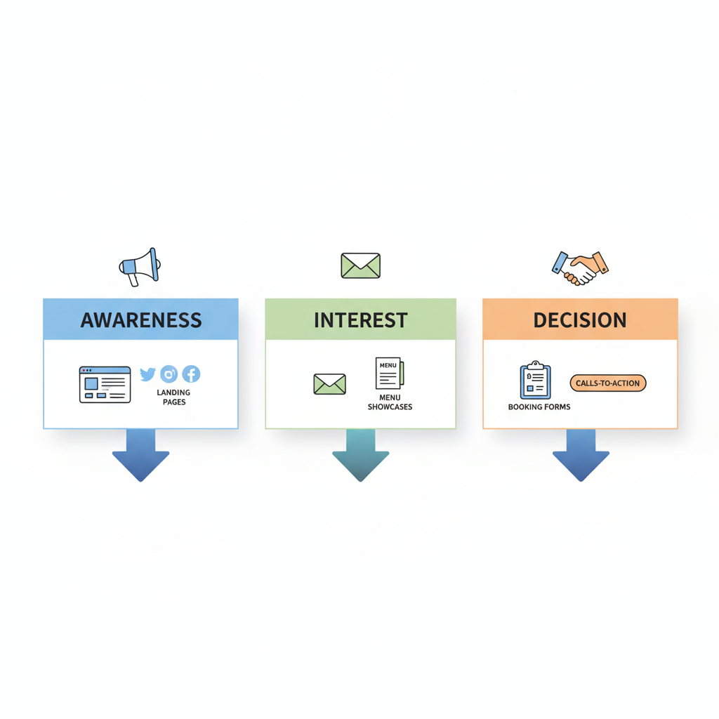 Horizontal process flow illustrating catering sales funnel stages: awareness, interest, and decision for lead generation.