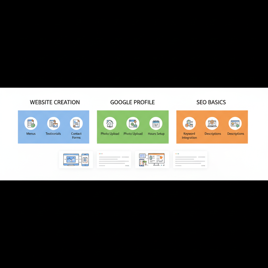 Horizontal process flow diagram illustrating three steps to build online presence for caterers: website creation, Google Business Profile optimization, and SEO basics.