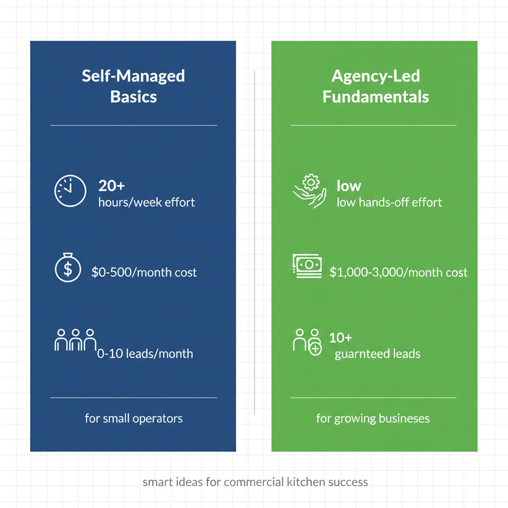 Infographic comparing basic self-managed and advanced agency-led catering marketing approaches, highlighting effort, cost, and lead differences with icons.