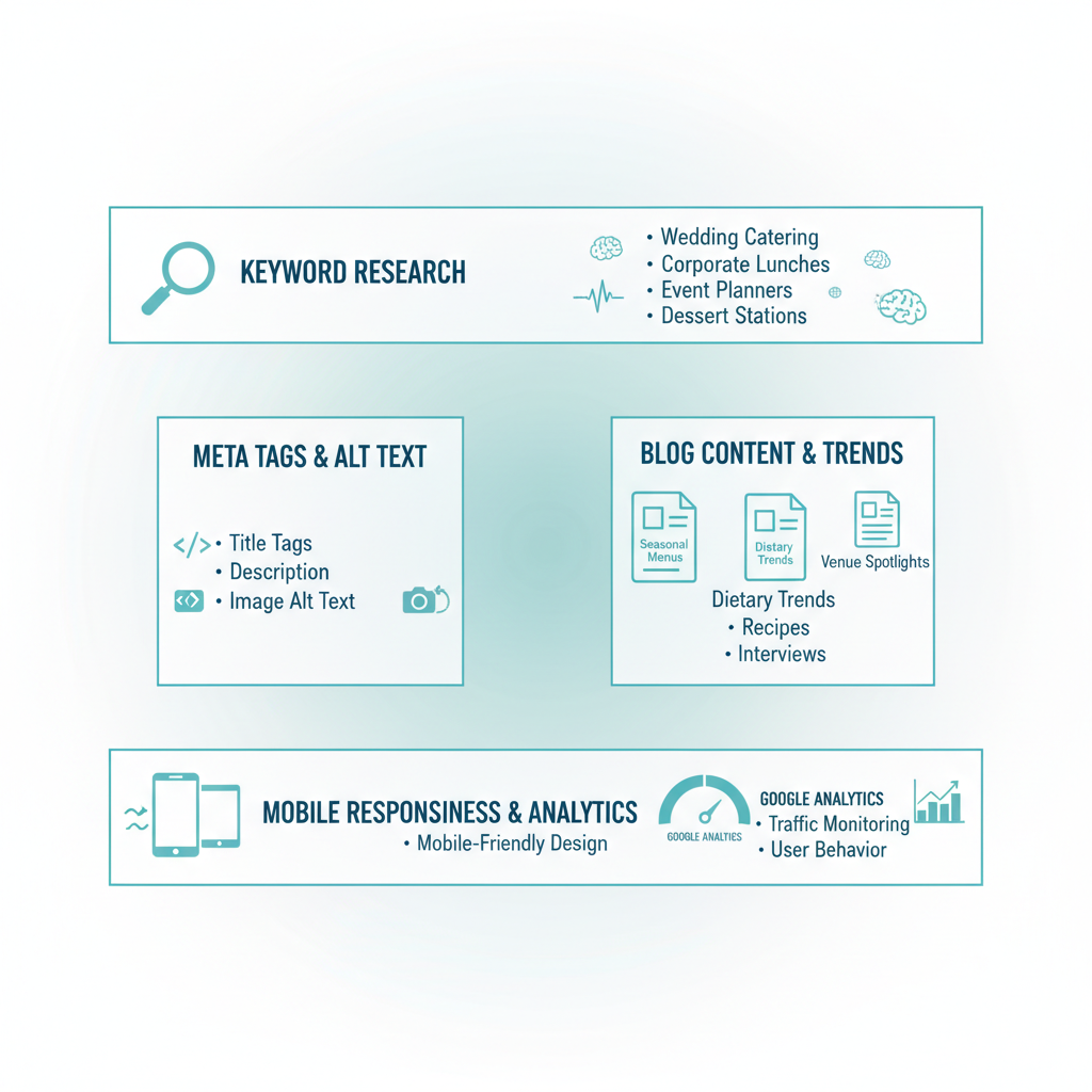 Infographic illustrating four key sections for SEO optimization on catering websites including keyword research, meta tags, content creation, and mobile analytics.