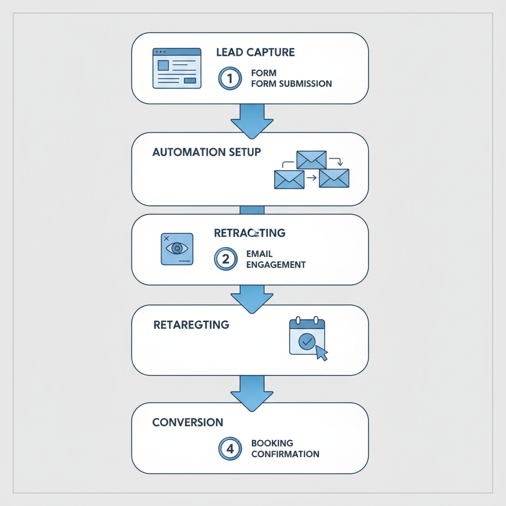 Vertical process flow diagram illustrating four stages of funnel optimization for catering marketing: lead capture, automation setup, retargeting, and conversion.