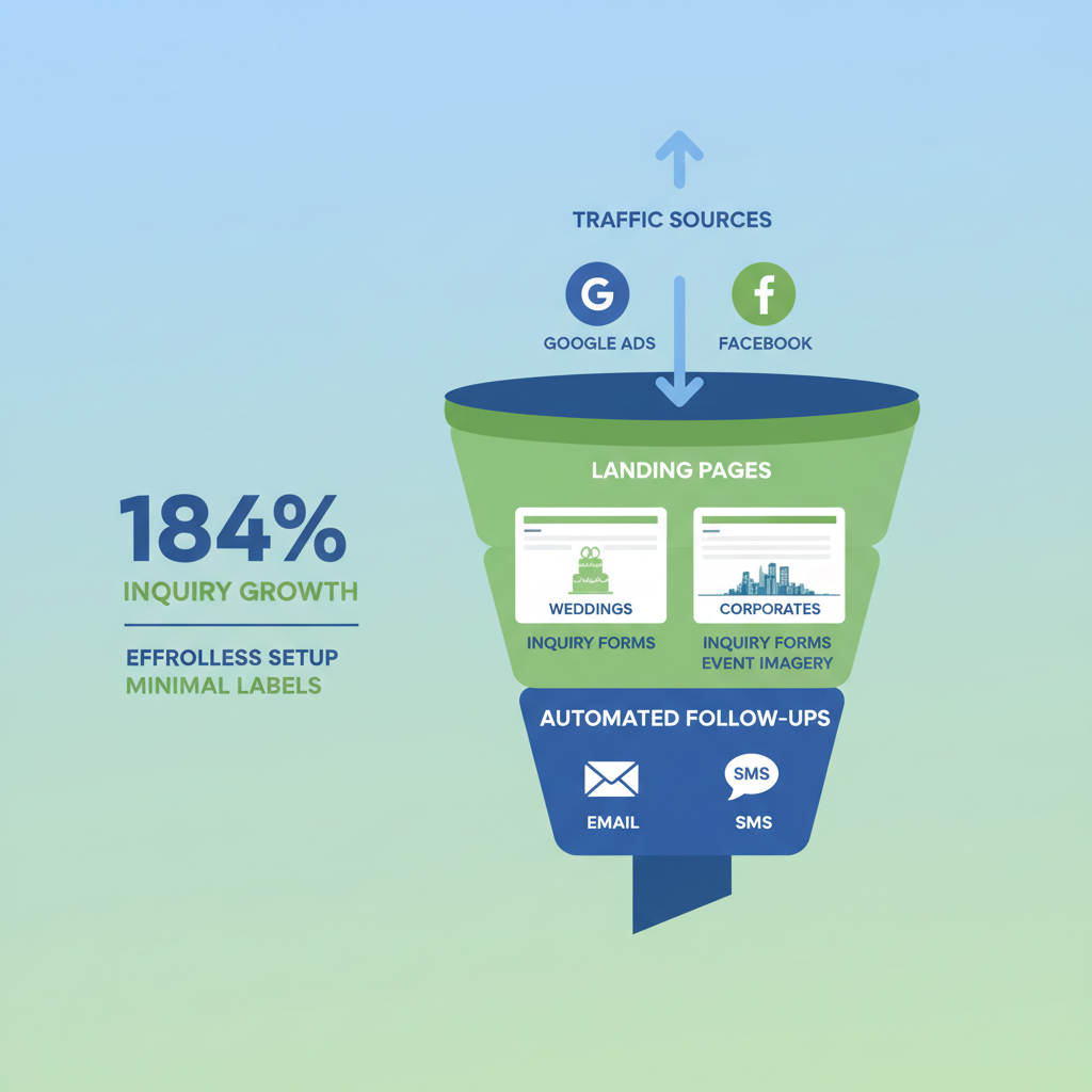 Infographic depicting custom funnel stages for catering lead generation including traffic sources, landing pages, and automated follow-ups