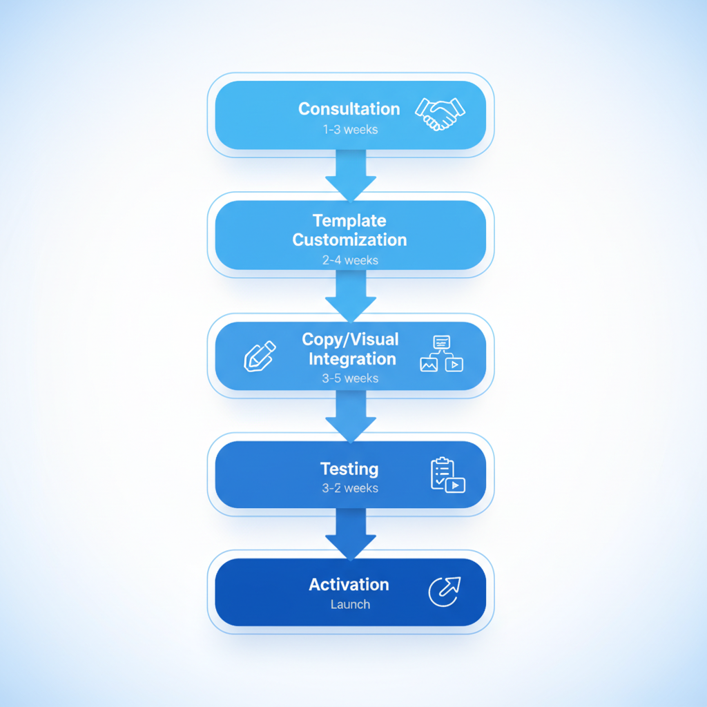 Vertical process flow diagram illustrating the five steps for launching a catering marketing funnel: consultation, template customization, copy and visual integration, testing, and activation.