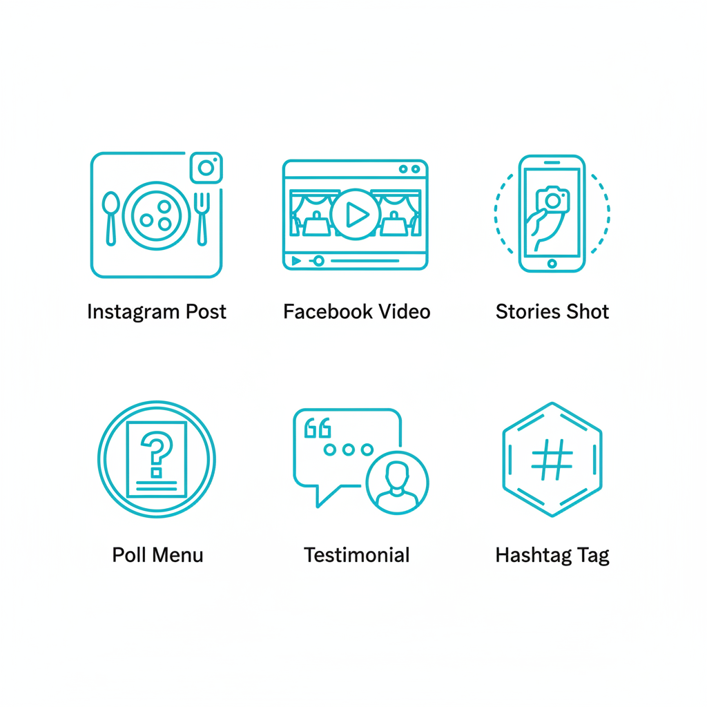 Grid of six social media icons for event catering marketing ideas, featuring Instagram posts, Facebook videos, stories, polls, testimonials, and hashtags in teal and white flat outline style.