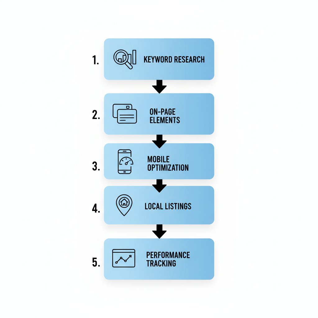 Vertical process flow diagram of five SEO optimization steps for event catering marketing websites, including keyword research, on-page elements, mobile and speed optimization, local listings integration, and performance tracking.
