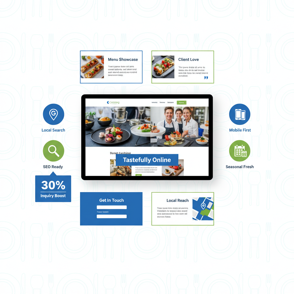 Infographic illustrating essential components of a robust online presence for catering businesses including website, SEO, and social optimization
