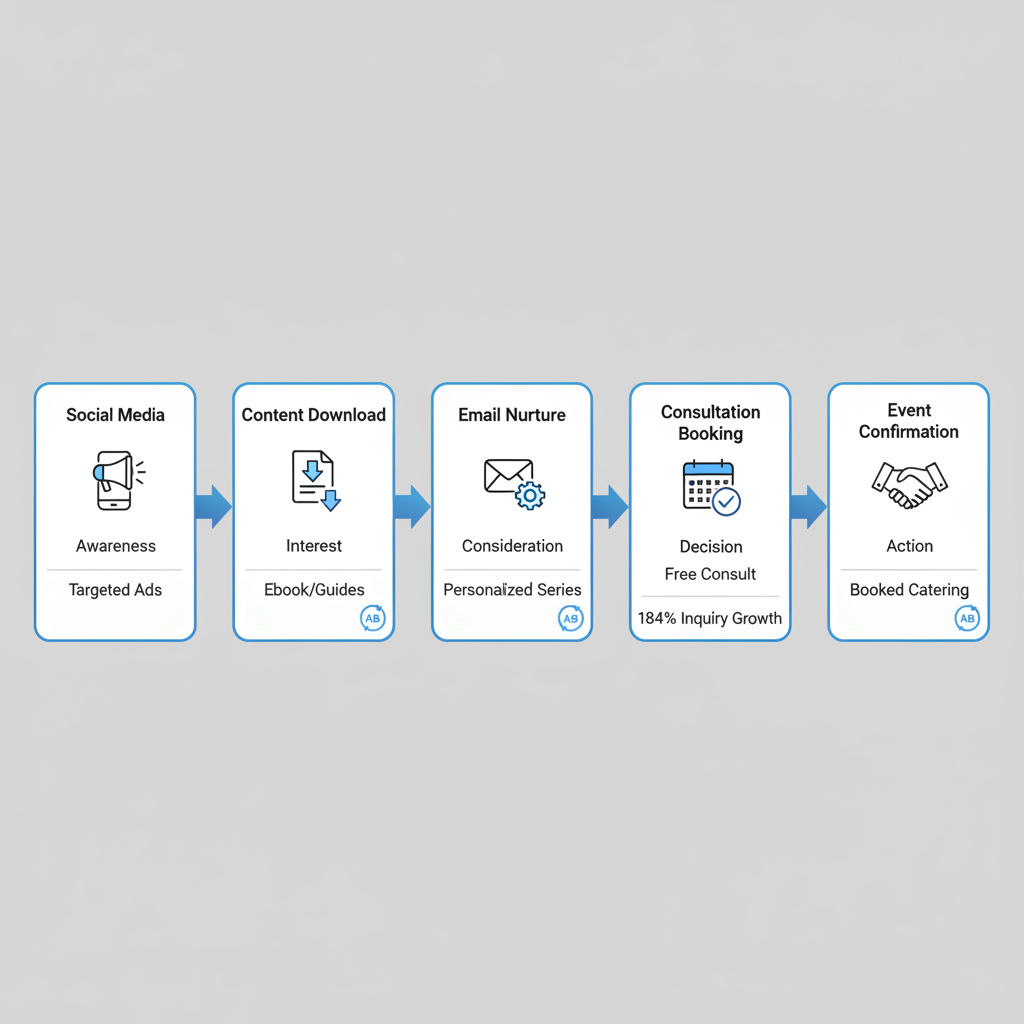 Horizontal process flow diagram of five stages in a catering lead generation funnel with icons and connections