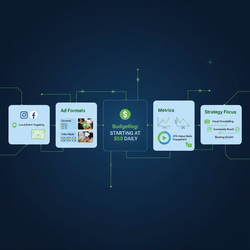 Infographic illustrating social media ad strategies for catering businesses including platforms, formats, and metrics