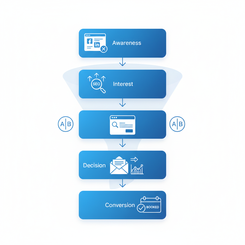 Vertical process flow diagram illustrating five stages of marketing funnels for catering services from awareness to conversion